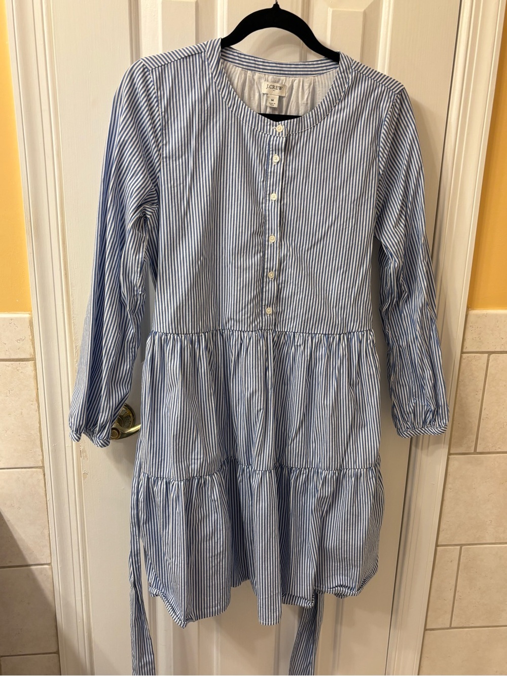 J Crew woman’s Blue & White Striped Long-Sleeve Tiered Dress